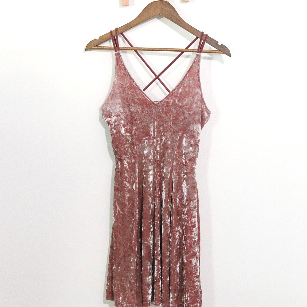 American Eagle Outfitters Pink Crushed Velvet Crisscross Strap Mini Dress Small